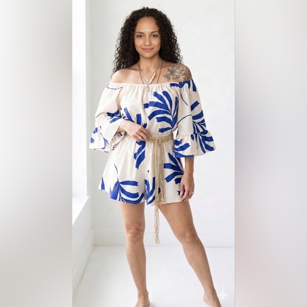 Willow Blue White Off Shoulder Romper Boho Elastic Waist Belted Size M